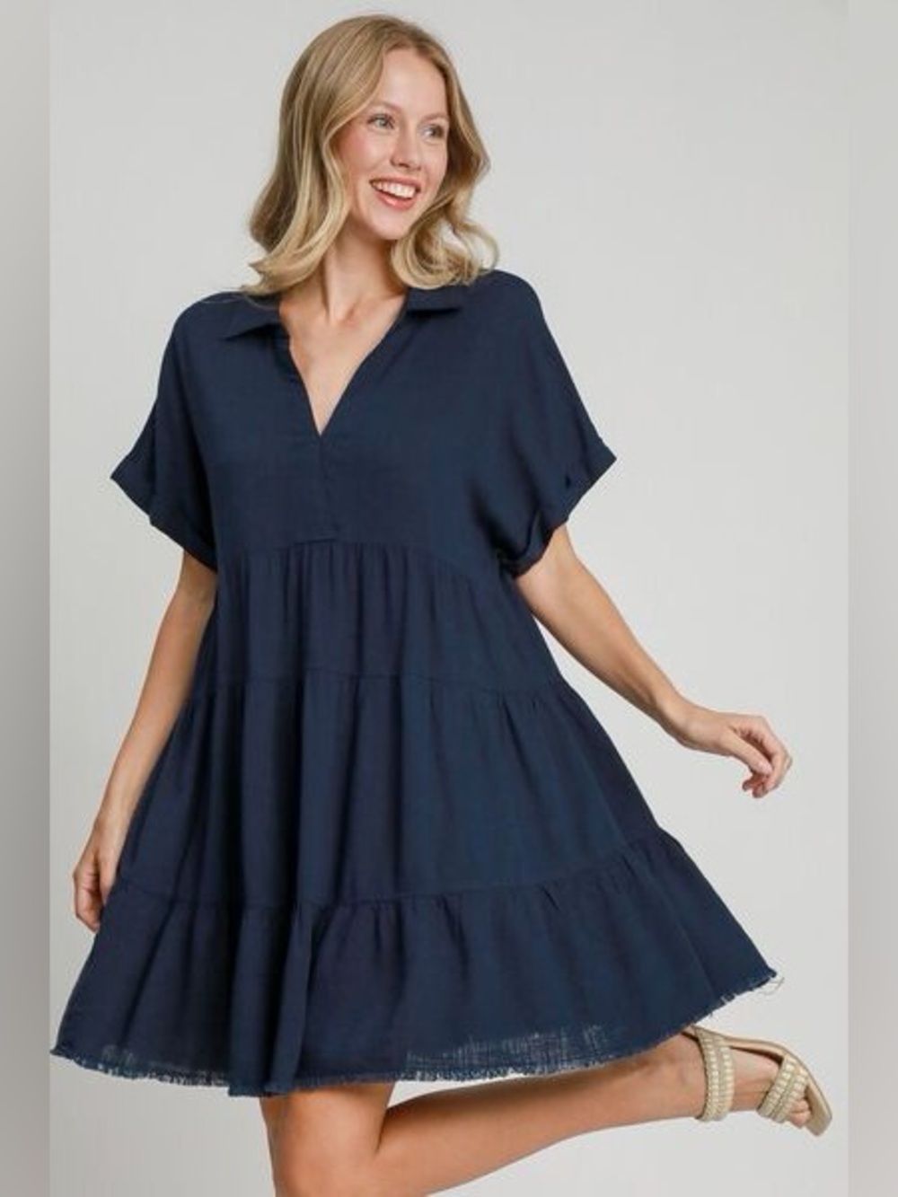 Umgee Navy V-Neck Tiered Mini Dress (L)